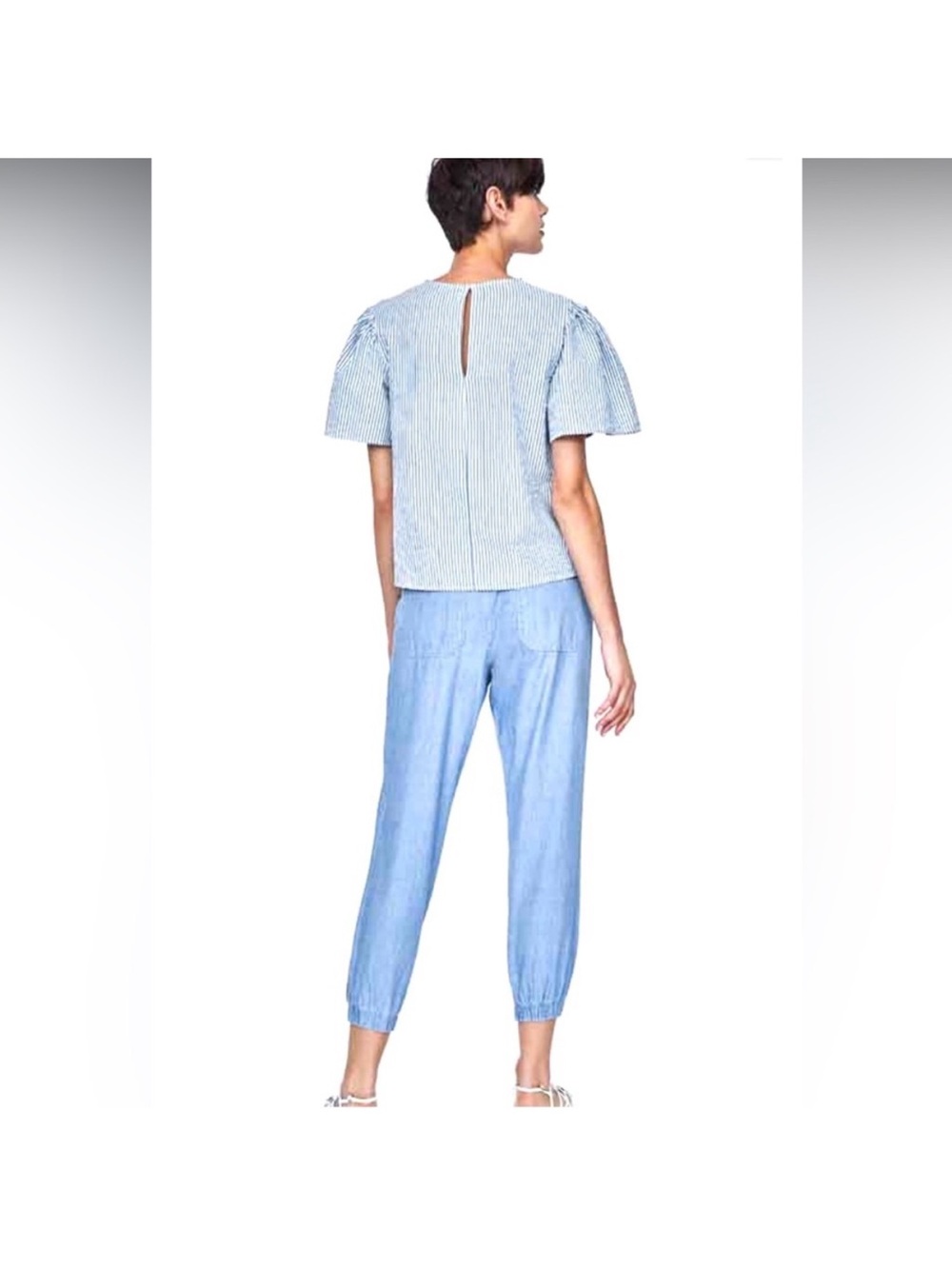 ZARA Striped Blue Blouse With Lace Floral Cutout Detail And Puff Sleeves - Picture 3 of 7
